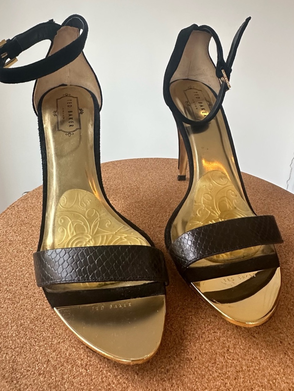 Ted Baker Black and Brown Textured Leather Ankle-Strap Heels